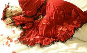 Rating: Safe Score: 0 Tags: 1girl blonde_hair closed_eyes dress frills long_sleeves lying on_back on_side petals red_dress shinku sleeping solo User: admin