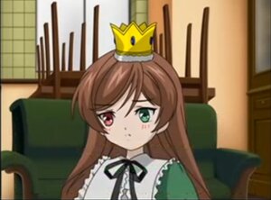 Rating: Safe Score: 0 Tags: 1girl blurry blurry_background blush brown_hair crown depth_of_field dress frills green_dress green_eyes heterochromia image indoors long_hair long_sleeves red_eyes ribbon solo suiseiseki User: admin