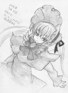 Rating: Safe Score: 0 Tags: 1girl bonnet bow bowtie breasts dress flower greyscale image long_hair long_sleeves looking_at_viewer monochrome shinku simple_background solo twintails very_long_hair white_background User: admin