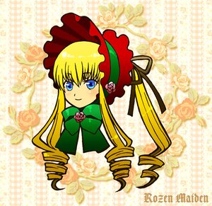 Rating: Safe Score: 0 Tags: 1girl blonde_hair blue_eyes bonnet bow bowtie dress drill_hair flower green_bow green_neckwear image long_hair long_sleeves looking_at_viewer pink_rose rose shinku smile solo twintails yellow_background User: admin
