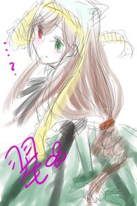 Rating: Safe Score: 0 Tags: 1girl blonde_hair blush dress green_eyes heterochromia image long_hair long_sleeves looking_at_viewer looking_back red_eyes sketch solo suiseiseki white_background User: admin