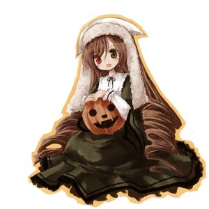 Rating: Safe Score: 0 Tags: 1girl :d brown_hair dress frills green_eyes heterochromia image jack-o'-lantern long_hair long_sleeves looking_at_viewer open_mouth red_eyes simple_background solo suiseiseki very_long_hair white_background User: admin