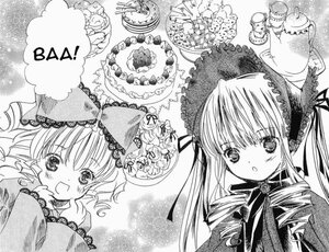 Rating: Safe Score: 0 Tags: 2girls blush bonnet bow dress drill_hair food frills greyscale hat hina_ichigo hinaichigo image long_hair long_sleeves looking_at_viewer monochrome multiple_girls open_mouth pair ribbon shinku smile traditional_media twintails User: admin