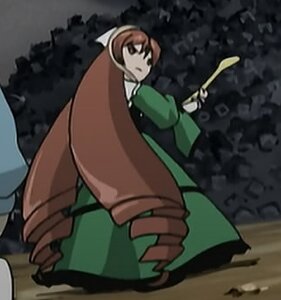 Rating: Safe Score: 0 Tags: 1girl apron brown_hair dress green_dress head_scarf holding image long_sleeves solo standing suiseiseki User: admin