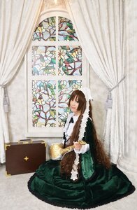 Rating: Safe Score: 0 Tags: 1girl brown_hair curtains dress flower green_dress indoors long_sleeves sitting solo suiseiseki window User: admin