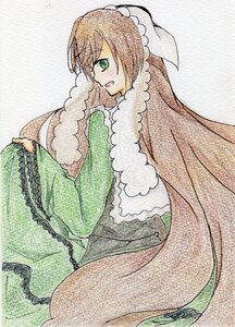 Rating: Safe Score: 0 Tags: 1girl brown_hair green_dress green_eyes image long_hair long_sleeves open_mouth smile solo suiseiseki very_long_hair User: admin