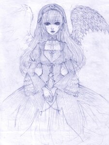 Rating: Safe Score: 0 Tags: 1girl blue_theme choker dress feathered_wings frills hairband image long_hair long_sleeves looking_at_viewer monochrome purple_theme solo suigintou traditional_media wings User: admin