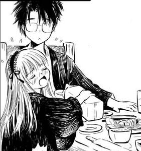 Rating: Safe Score: 0 Tags: 1boy 1girl blush closed_eyes food glasses greyscale hairband hug long_hair long_sleeves monochrome open_mouth smile suigintou very_long_hair User: admin