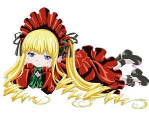 Rating: Safe Score: 0 Tags: 1girl bangs black_footwear blonde_hair blue_eyes bonnet bow bowtie chin_rest dress flower frills full_body green_bow image long_hair long_sleeves looking_at_viewer lying on_stomach red_dress rose shinku shoes simple_background solo white_background User: admin