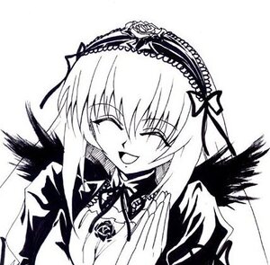 Rating: Safe Score: 0 Tags: 1girl :d artist_request blush closed_eyes dress frills greyscale hairband image long_hair long_sleeves lowres monochrome open_mouth rose rozen_maiden simple_background smile solo suigintou upper_body white_background wings User: admin