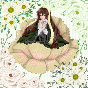 Rating: Safe Score: 0 Tags: 1girl brown_hair daisy dress finger_to_mouth flower frills green_dress green_eyes image lily_(flower) long_hair long_sleeves solo striped striped_background suiseiseki sunflower vertical_stripes very_long_hair yellow_flower User: admin