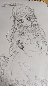 Rating: Safe Score: 0 Tags: 1girl artist_name capelet dated dress greyscale image long_hair looking_at_viewer monochrome photo shinku signature sketch solo traditional_media User: admin