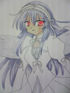 Rating: Safe Score: 0 Tags: 1girl bangs colored_pencil_(medium) dress eyebrows_visible_through_hair frilled_sleeves frills hairband image juliet_sleeves lolita_hairband long_hair long_sleeves looking_at_viewer marker_(medium) puffy_sleeves red_eyes ribbon simple_background solo suigintou traditional_media white_background wings User: admin