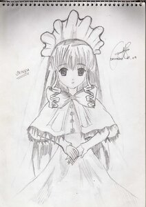 Rating: Safe Score: 0 Tags: 1girl artist_name auto_tagged bangs bow bowtie capelet dress greyscale image long_hair long_sleeves looking_at_viewer monochrome shinku signature simple_background smile solo standing traditional_media User: admin