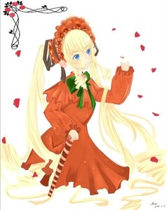 Rating: Safe Score: 0 Tags: 1girl blonde_hair blue_eyes bonnet bow bowtie dress flower green_neckwear image long_hair long_sleeves looking_at_viewer petals red_dress rose rose_petals shinku solo standing striped twintails very_long_hair User: admin