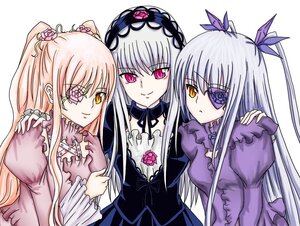 Rating: Safe Score: 0 Tags: 3girls dress eyepatch flower frills hairband image long_hair long_sleeves looking_at_viewer multiple multiple_girls pink_eyes rose silver_hair simple_background smile suigintou tagme two_side_up upper_body white_background yellow_eyes User: admin