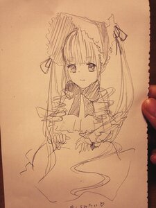 Rating: Safe Score: 0 Tags: 1girl bangs bonnet closed_mouth dress eyebrows_visible_through_hair frills image long_hair long_sleeves looking_at_viewer monochrome photo shinku sketch smile solo traditional_media User: admin