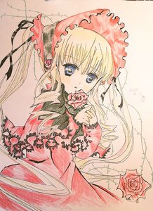 Rating: Safe Score: 0 Tags: 1girl blonde_hair blue_eyes bonnet dress flower image long_hair long_sleeves looking_at_viewer pink_flower pink_rose red_flower red_rose rose rose_petals shinku solo thorns traditional_media User: admin