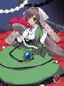 Rating: Safe Score: 0 Tags: 1girl ;d beads blush brown_hair chain dress fan frills green_eyes image long_hair long_sleeves looking_at_viewer one_eye_closed open_mouth pearl_(gemstone) smile solo suiseiseki very_long_hair User: admin