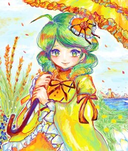 Rating: Safe Score: 0 Tags: 1girl day dress field flower flower_field frills green_hair hair_ornament image kanaria looking_at_viewer petals puffy_sleeves ribbon sky smile solo traditional_media yellow_dress User: admin