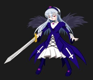 Rating: Safe Score: 0 Tags: 1girl black_wings dress flower frills full_body hairband holding holding_weapon image long_hair long_sleeves looking_at_viewer puffy_sleeves red_eyes rose silver_hair simple_background solo suigintou sword weapon wings User: admin