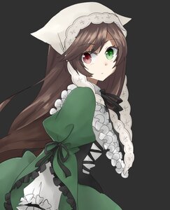 Rating: Safe Score: 0 Tags: 1girl black_ribbon brown_hair closed_mouth dress frills green_dress green_eyes heterochromia image long_hair long_sleeves looking_at_viewer looking_back red_eyes ribbon simple_background solo suiseiseki underwear very_long_hair User: admin