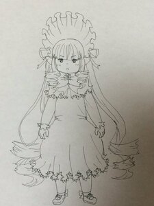 Rating: Safe Score: 0 Tags: 1girl bangs dress full_body image long_hair long_sleeves monochrome shinku solo standing very_long_hair User: admin