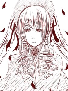 Rating: Safe Score: 0 Tags: 1girl closed_mouth eyebrows_visible_through_hair feathers flower hair_ribbon image long_hair looking_at_viewer monochrome petals ribbon rose rose_petals shinku sidelocks simple_background solo striped twintails upper_body white_background wind User: admin