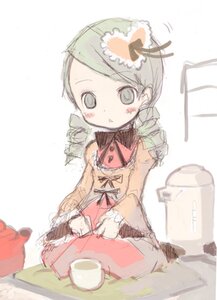 Rating: Safe Score: 0 Tags: 1girl apron auto_tagged blush bow cup dress food green_hair image kanaria long_sleeves sitting solo table User: admin