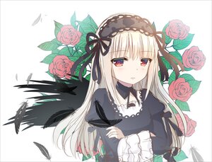 Rating: Safe Score: 3 Tags: 1girl black_ribbon blush closed_mouth dress feathers flower gothic_lolita hairband image lolita_fashion long_hair long_sleeves looking_at_viewer pink_flower pink_rose red_eyes red_flower red_rose ribbon rose silver_hair solo suigintou thorns upper_body wings User: admin