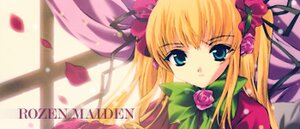 Rating: Safe Score: 0 Tags: 1girl blonde_hair blue_eyes bowtie dress flower green_bow image long_hair long_sleeves looking_at_viewer petals pink_flower pink_rose red_dress rose shinku solo twintails User: admin