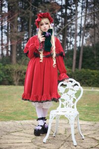Rating: Safe Score: 0 Tags: 1girl black_footwear blonde_hair blue_eyes blurry blurry_background bonnet bow depth_of_field dress full_body long_sleeves looking_at_viewer outdoors pantyhose photo photo_background red_dress shinku shoes solo standing white_legwear User: admin