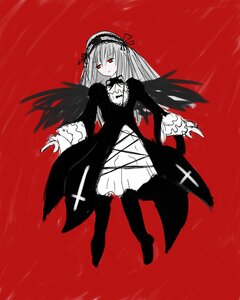 Rating: Safe Score: 0 Tags: 1girl bangs black_ribbon black_wings boots cross-laced_clothes dress flower frills full_body hairband image juliet_sleeves long_hair long_sleeves looking_at_viewer red_background red_eyes ribbon rose simple_background solo suigintou wings User: admin