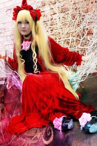 Rating: Safe Score: 0 Tags: 1girl blonde_hair blue_eyes bow dress flower lips long_hair pink_rose red_dress rose shinku sitting solo very_long_hair User: admin