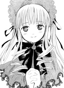 Rating: Safe Score: 0 Tags: 1girl auto_tagged bangs blush bonnet capelet closed_mouth dress eyebrows_visible_through_hair flower greyscale hat image long_hair long_sleeves looking_at_viewer monochrome ribbon rose shinku simple_background smile solo suigintou traditional_media upper_body white_background User: admin