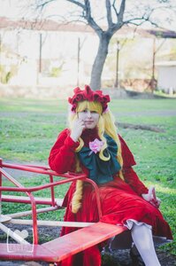 Rating: Safe Score: 0 Tags: 1girl blonde_hair blurry building closed_eyes depth_of_field dress long_hair long_sleeves outdoors photo red_dress shinku sitting solo User: admin
