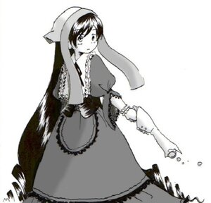 Rating: Safe Score: 0 Tags: 1girl apron dress frills greyscale head_scarf holding image long_hair long_sleeves looking_at_viewer monochrome simple_background solo standing suiseiseki very_long_hair white_background User: admin