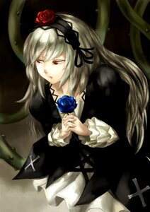 Rating: Safe Score: 0 Tags: 1girl blonde_hair blue_flower blue_rose commentary_request cross doll_joints dress eyelashes flower gothic_lolita hairband highres image joints lips lolita_fashion lolita_hairband long_hair plant red_eyes red_flower red_rose rose rozen_maiden silver_hair solo su_ma_ki suigintou vines wings User: admin