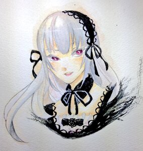 Rating: Safe Score: 0 Tags: 1girl bangs black_ribbon choker hairband image long_hair looking_at_viewer portrait ribbon solo suigintou traditional_media User: admin