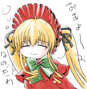 Rating: Safe Score: 0 Tags: 1girl blonde_hair blush bonnet bow bowtie closed_eyes dress drill_hair hair_ribbon image long_hair long_sleeves marker_(medium) ribbon shikishi shinku simple_background smile solo traditional_media twintails upper_body white_background User: admin