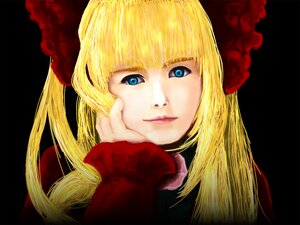 Rating: Safe Score: 0 Tags: 1girl bangs black_background blonde_hair blue_eyes blunt_bangs closed_mouth face flower hat image lips long_hair looking_at_viewer portrait realistic shinku simple_background smile solo User: admin