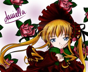 Rating: Safe Score: 0 Tags: 1girl blonde_hair blue_eyes bonnet bow bowtie dress flower green_bow image long_hair long_sleeves looking_at_viewer pink_rose plant red_capelet red_dress red_flower red_rose rose shinku sidelocks solo User: admin