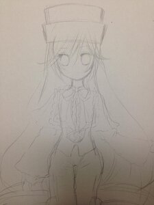 Rating: Safe Score: 0 Tags: 1girl bow costume_switch frills hat image long_hair long_sleeves looking_at_viewer monochrome sketch skirt solo traditional_media very_long_hair User: admin