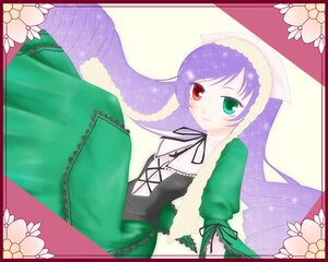 Rating: Safe Score: 0 Tags: 1girl border dress flower frills green_dress green_eyes heterochromia image long_hair long_sleeves looking_at_viewer purple_hair red_eyes ribbon smile solo suiseiseki very_long_hair User: admin