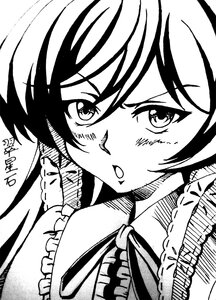 Rating: Safe Score: 0 Tags: 1girl blush eyebrows_visible_through_hair frills greyscale hair_between_eyes image looking_at_viewer monochrome open_mouth simple_background solo suiseiseki white_background User: admin