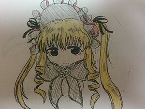 Rating: Safe Score: 0 Tags: 1girl blonde_hair drill_hair flower hair_ribbon image long_hair looking_at_viewer ribbon rose shinku simple_background solo traditional_media twintails User: admin