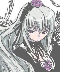 Rating: Safe Score: 0 Tags: 1girl black_ribbon black_wings dress flower frills hairband half-closed_eyes image long_hair long_sleeves looking_at_viewer rose silver_hair simple_background solo suigintou upper_body wings User: admin