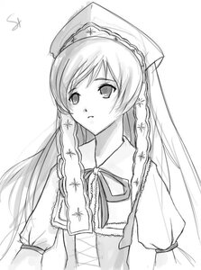 Rating: Safe Score: 0 Tags: 1girl braid dress frills greyscale hat image long_hair monochrome puffy_short_sleeves puffy_sleeves ribbon short_sleeves simple_background solo star_(symbol) suiseiseki upper_body white_background User: admin
