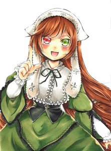 Rating: Safe Score: 0 Tags: 1girl :d black_ribbon blush brown_hair dress frills green_dress green_eyes hat head_scarf heterochromia image long_hair long_sleeves looking_at_viewer open_mouth red_eyes simple_background smile solo suiseiseki very_long_hair white_background User: admin