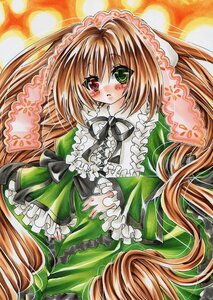 Rating: Safe Score: 0 Tags: 1girl blush brown_hair dress frills green_dress green_eyes hat heterochromia image long_hair long_sleeves looking_at_viewer marker_(medium) red_eyes solo suiseiseki traditional_media twintails very_long_hair User: admin